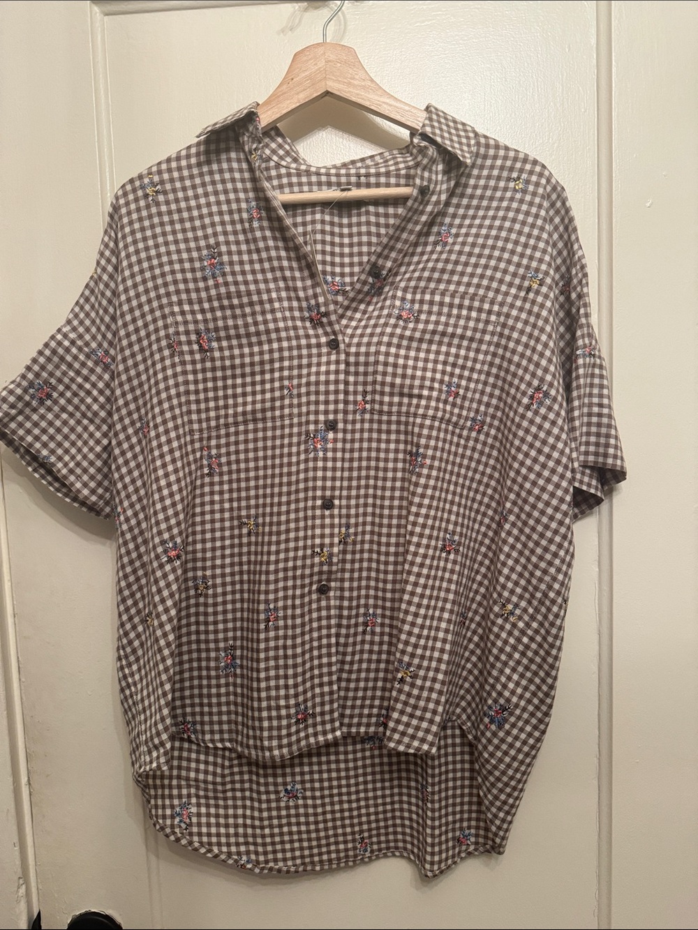 NWT MADEWELL Gingham Button-Up Shirt with Floral Embroidery - Brown & White